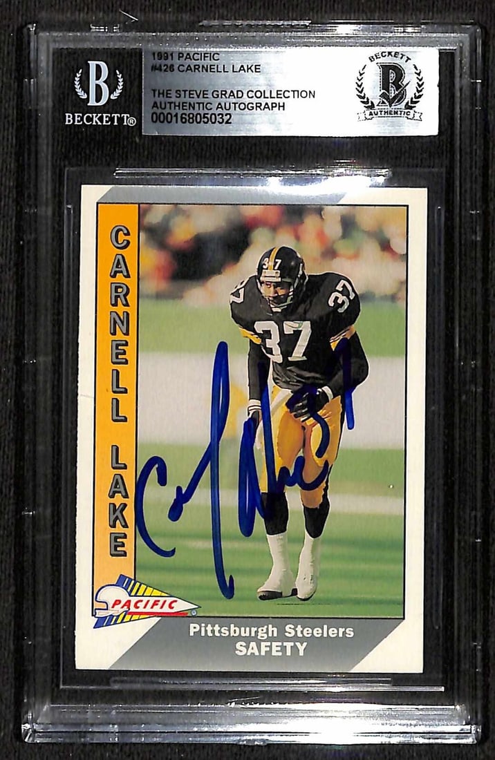 Carnell Lake Signed 1991 Pacific #426 Football Card Beckett Authenticated: Carnell Lake Signed 1991 Pacific #426 Football Card Beckett Authenticated This is an autographed 1991 Pacific #426 sports trading card featuring Carnell Lake, a safety for the Pittsburgh Steelers. The