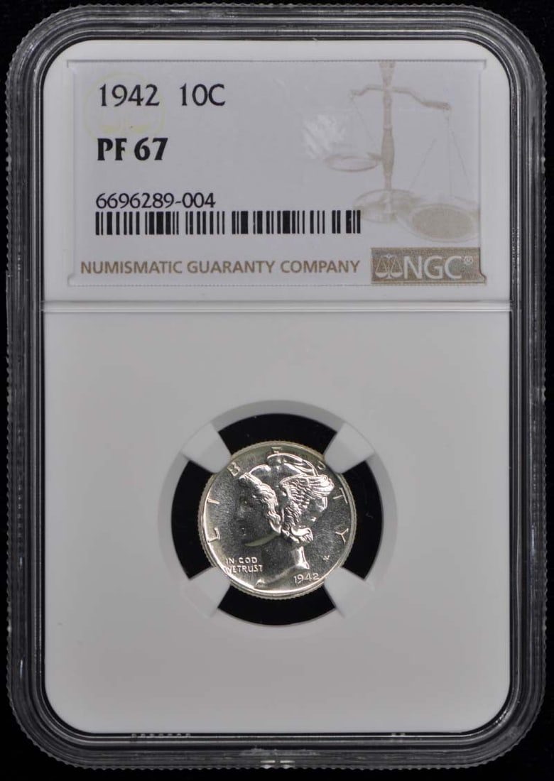 1942 Mercury Dime NGC PR67 Uncirculated Proof Coin: 1942 Mercury Dime NGC PR67 Uncirculated Proof Coin This 1942 Mercury Dime, certified by NGC with the certification number 6696289004, is graded PR67, indicating its excellent proof quality. This coin