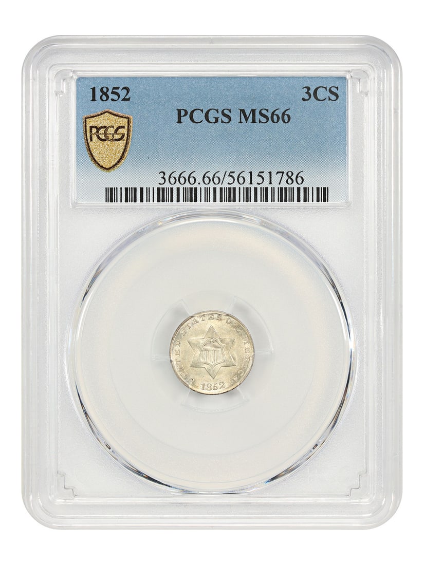 1852 Three Cent Silver PCGS MS66 Certified Philadelphia Coin: 1852 Three Cent Silver PCGS MS66 Certified Philadelphia Coin This 1852 Three Cent Silver coin is graded MS66 by PCGS and features frosty champagne-colored surfaces with strong mint luster. It is an un