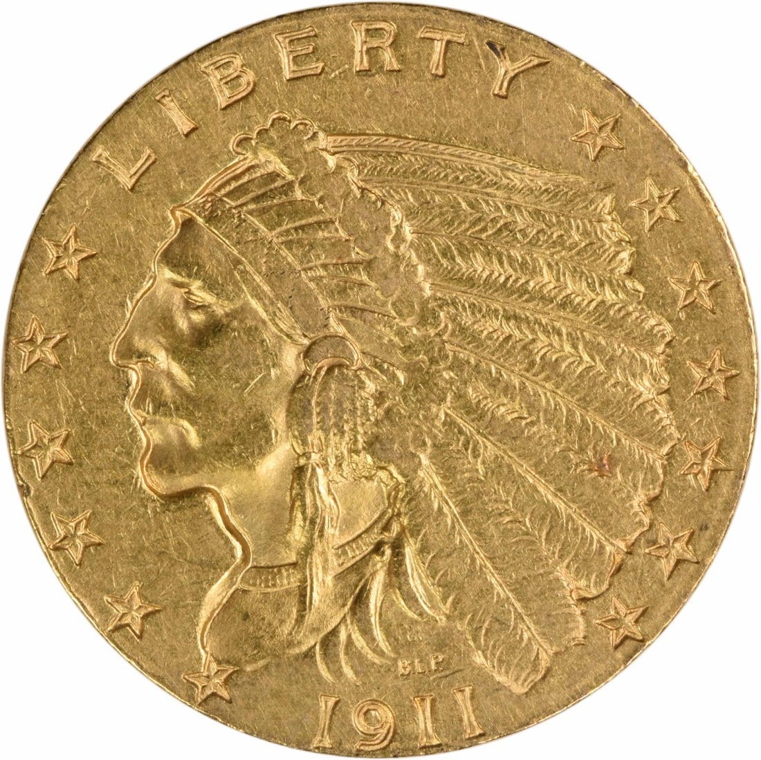 1911 Indian Head $2.50 Gold Coin AU Philadelphia Uncertified: 1911 Indian Head $2.50 Gold Coin AU Philadelphia Uncertified This is a 1911 $2.50 Indian Head gold coin from the United States, designed by Bela Lyon Pratt. The coin is circulated and features an AU (