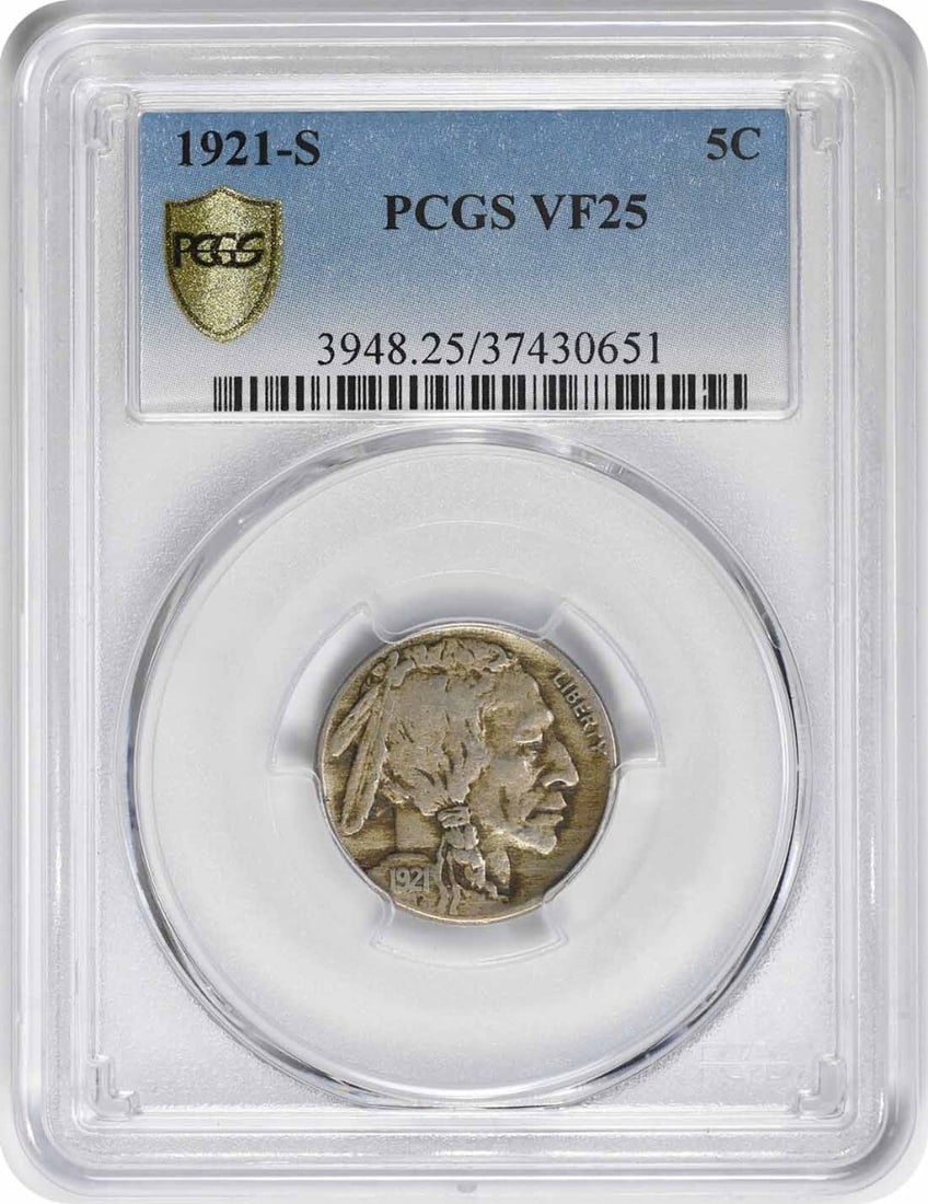 PCGS Graded VF25 1921-S Buffalo Nickel from San Francisco Mint: PCGS Graded VF25 1921-S Buffalo Nickel from San Francisco Mint This 1921-S Buffalo Nickel is graded VF25 by PCGS. The coin was minted in San Francisco and is composed of nickel. It is circulated and i