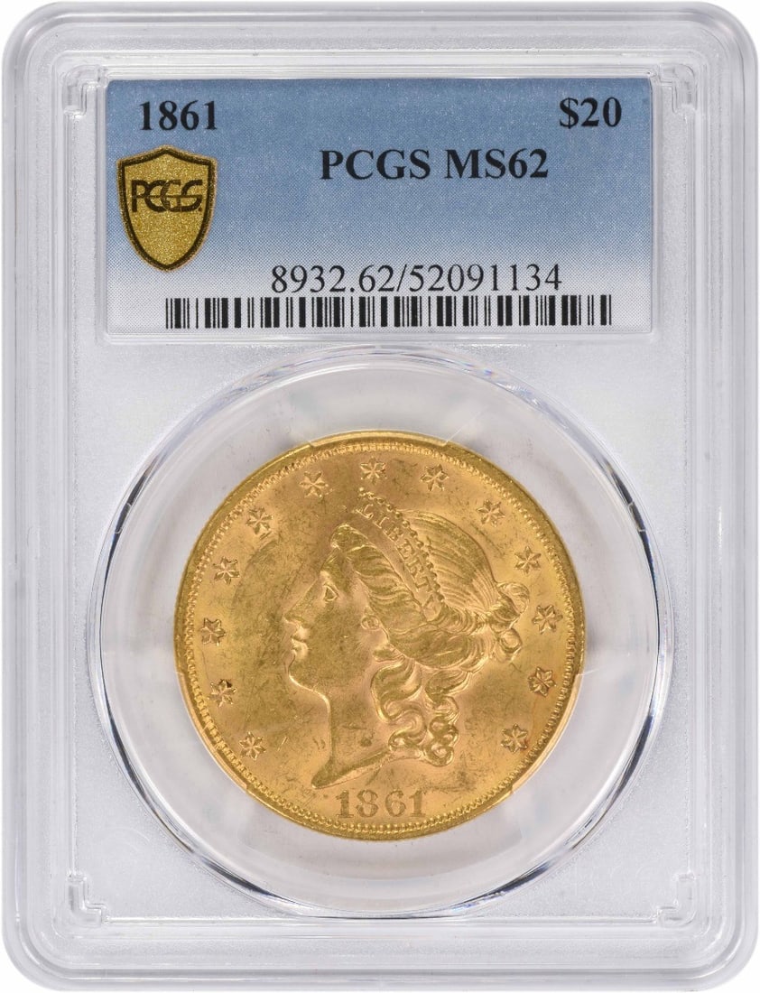 PCGS MS62 1861 Liberty Head $20 Gold Coin Philadelphia Mint: PCGS MS62 1861 Liberty Head $20 Gold Coin Philadelphia Mint This 1861 $20 Gold Liberty Head coin is graded MS62 by PCGS, indicating an uncirculated example. Minted in Philadelphia, it features the ico