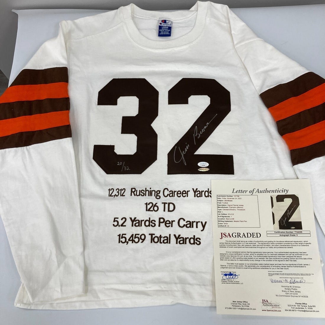 Jim Brown Signed 1964 Cleveland Browns Jersey JSA MINT 9 Limited Edition 20/32: Jim Brown Signed 1964 Cleveland Browns Jersey JSA MINT 9 Limited Edition 20/32 This authentic 1964 Cleveland Browns game jersey is signed by the legendary football player Jim Brown. The jersey feature