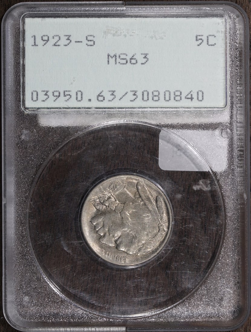 1923-S MS63 Buffalo Nickel 5C PCGS Rattler Old Holder: 1923-S MS63 Buffalo Nickel 5C PCGS Rattler Old Holder This 1923-S Buffalo Nickel is graded MS63 by PCGS, indicating it is in uncirculated condition. Struck at the San Francisco mint, this coin feature