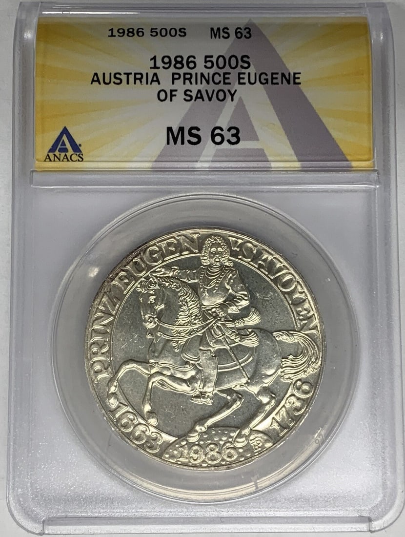 Austria 500 Schilling 1986 Silver Coin ANACS MS 63 Prince Eugene of Savoy: Austria 500 Schilling 1986 Silver Coin ANACS MS 63 Prince Eugene of Savoy This 1986 Austria 500 Schilling coin commemorates Prince Eugene of Savoy. Certified by ANACS with a grade of MS 63, this uncir
