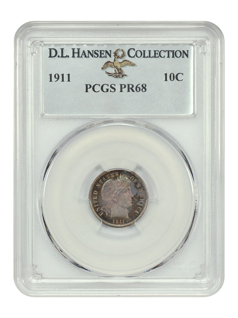 1911 Barber Dime 10C PCGS PR68 Low Mintage Stunning Example: 1911 Barber Dime 10C PCGS PR68 Low Mintage Stunning Example This 1911 Barber Dime, an exquisite example of low mintage proof with only 543 pieces struck, is graded PR68 by PCGS. The coin features razo