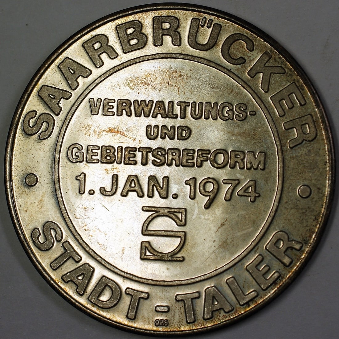 Gem Proof 1974 Saarbrucker Stadt Silver Taler Medal from Germany: Gem Proof 1974 Saarbrucker Stadt Silver Taler Medal from Germany This is a 1974 Saarbrucker Stadt German Taler silver medal, featuring a gem proof finish with attractive toning. The medal is uncircula