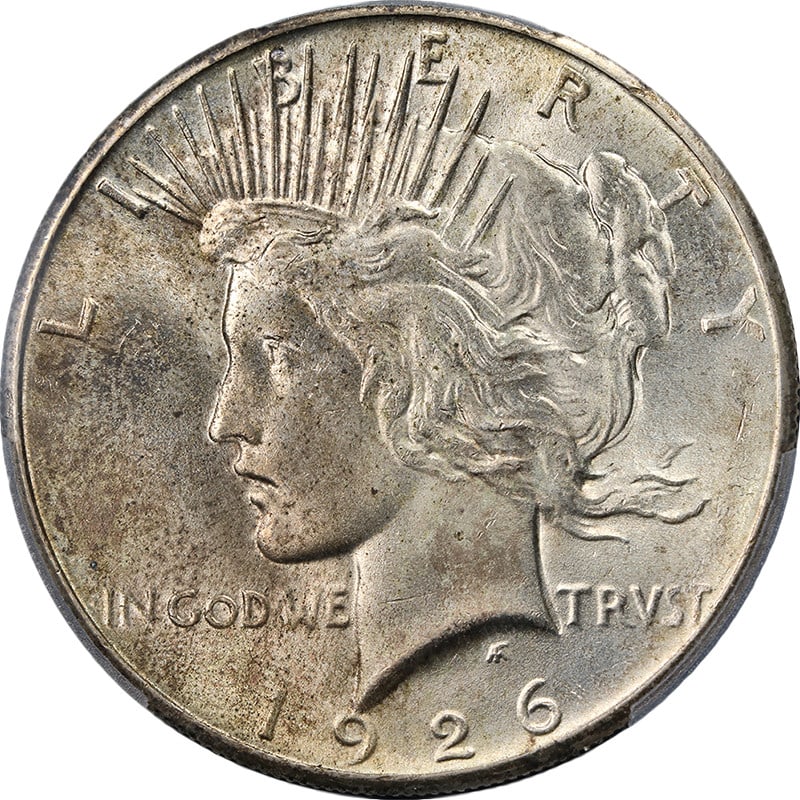 PCGS MS64 1926 Philadelphia Peace Dollar Silver Coin: PCGS MS64 1926 Philadelphia Peace Dollar Silver Coin This 1926-P Peace Dollar is graded MS64 by PCGS, featuring attractive luster and a well-struck design. The coin displays mottled toning and is in u