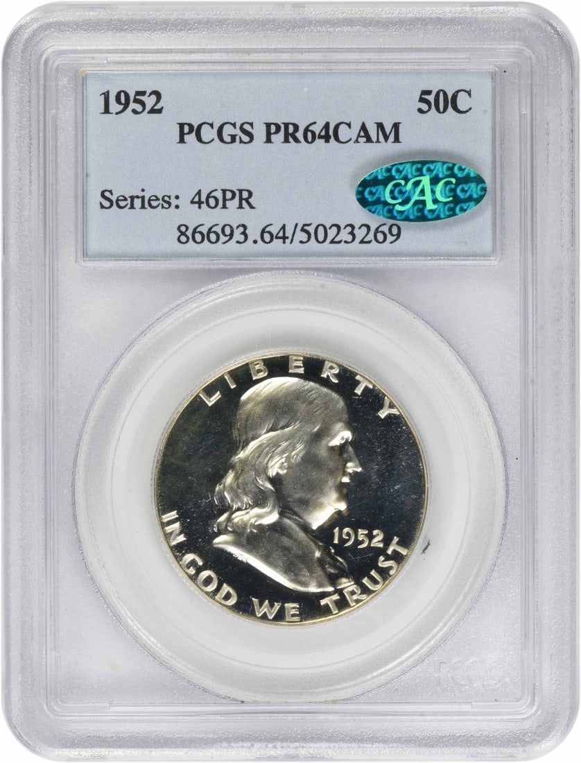 1952 Proof Franklin 50C PCGS PR64CAM CAC Certified Silver Coin: 1952 Proof Franklin 50C PCGS PR64CAM CAC Certified Silver Coin This 1952 Franklin Half Dollar is a proof strike graded PR64CAM by PCGS and certified by CAC. Composed of 90% silver and 10% copper, this