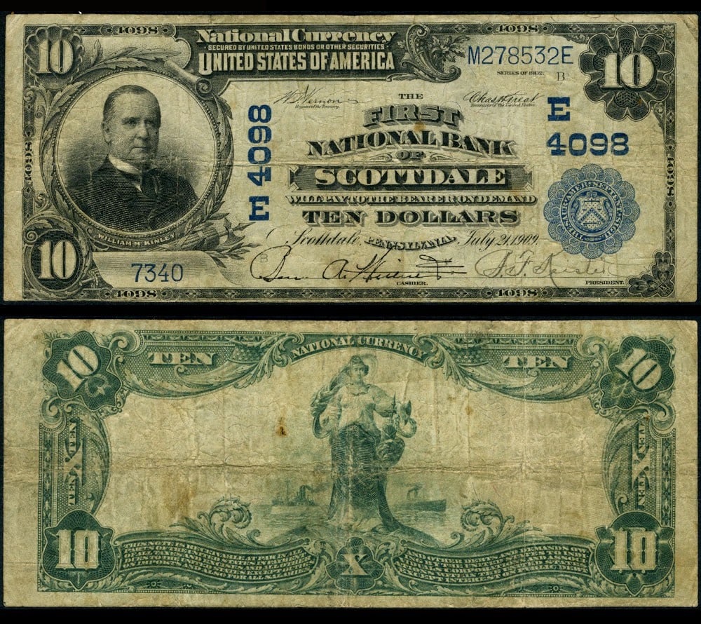 1902 PB $10 Scottdale PA National Bank Note Ch #4098 Circulated: 1902 PB $10 Scottdale PA National Bank Note Ch #4098 Circulated This is a $10 National Bank Note from Scottdale, PA, issued in 1902 (PB). The note is graded as Fine and has been circulated. It feature
