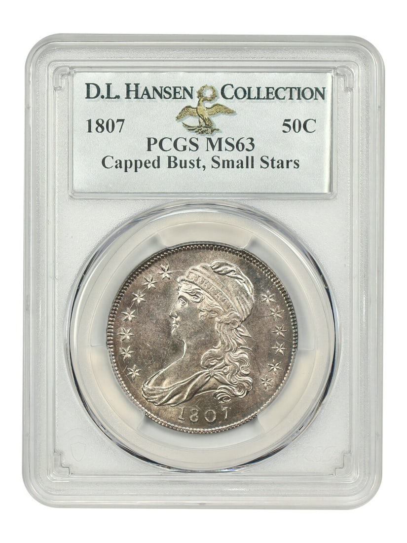 1807 Capped Bust Half Dollar PCGS MS63 D.L. Hansen Collection: 1807 Capped Bust Half Dollar PCGS MS63 D.L. Hansen Collection This 1807 Capped Bust Half Dollar, graded MS63 by PCGS, is a remarkable uncirculated coin showcasing the first year of the Capped Bust des
