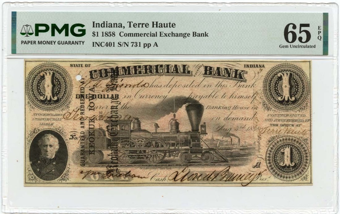 Terre Haute Indiana 1858 Obsolete Commercial Exchange Bank One Dollar PMG 65 EPQ: Terre Haute Indiana 1858 Obsolete Commercial Exchange Bank One Dollar PMG 65 EPQ This is an 1858 $1 obsolete banknote from the Commercial Exchange Bank in Terre Haute, Indiana. Certified by PMG and gr