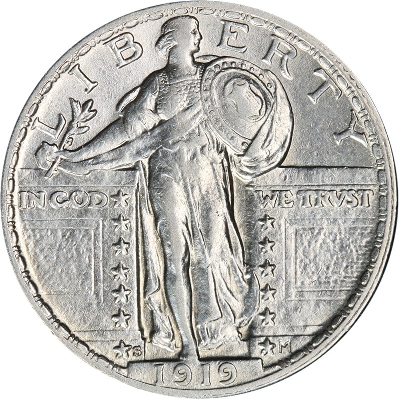 1919-S Silver Standing Liberty Quarter AU BU Key Date Coin: 1919-S Silver Standing Liberty Quarter AU BU Key Date Coin This 1919-S Standing Liberty Quarter showcases excellent eye appeal, featuring a nice luster and strong strike. The coin exhibits bright whit