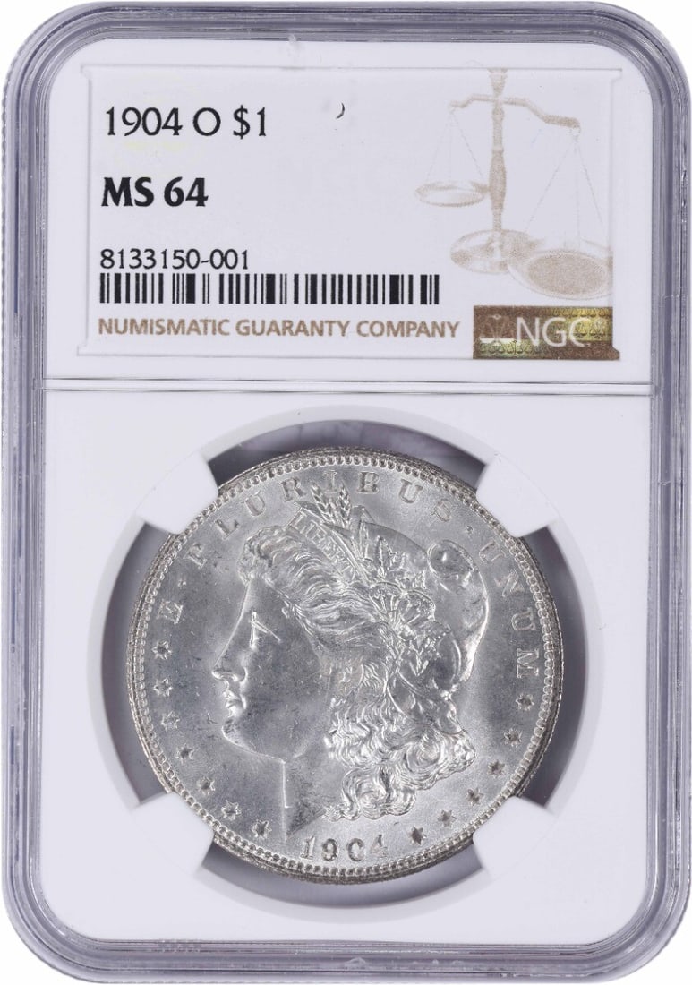 NGC MS64 1904-O Uncirculated Morgan Dollar New Orleans Mint Silver: NGC MS64 1904-O Uncirculated Morgan Dollar New Orleans Mint Silver This 1904-O Morgan Silver Dollar is certified MS64 by NGC and was struck at the New Orleans Mint. Designed by George T. Morgan, the c