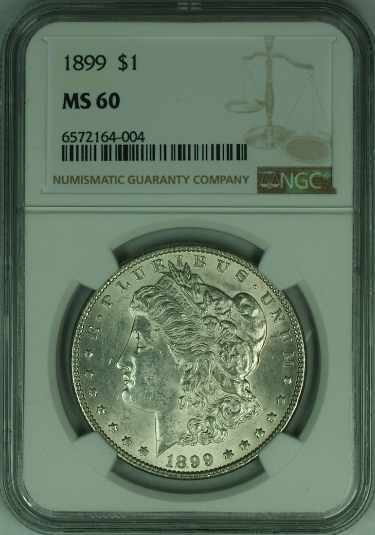 NGC MS 60 1899 Morgan Dollar Silver Coin from Philadelphia: NGC MS 60 1899 Morgan Dollar Silver Coin from Philadelphia This 1899 Morgan Silver Dollar is a $1 coin certified by NGC with a grade of MS 60. Minted in Philadelphia, it is composed of silver and is c