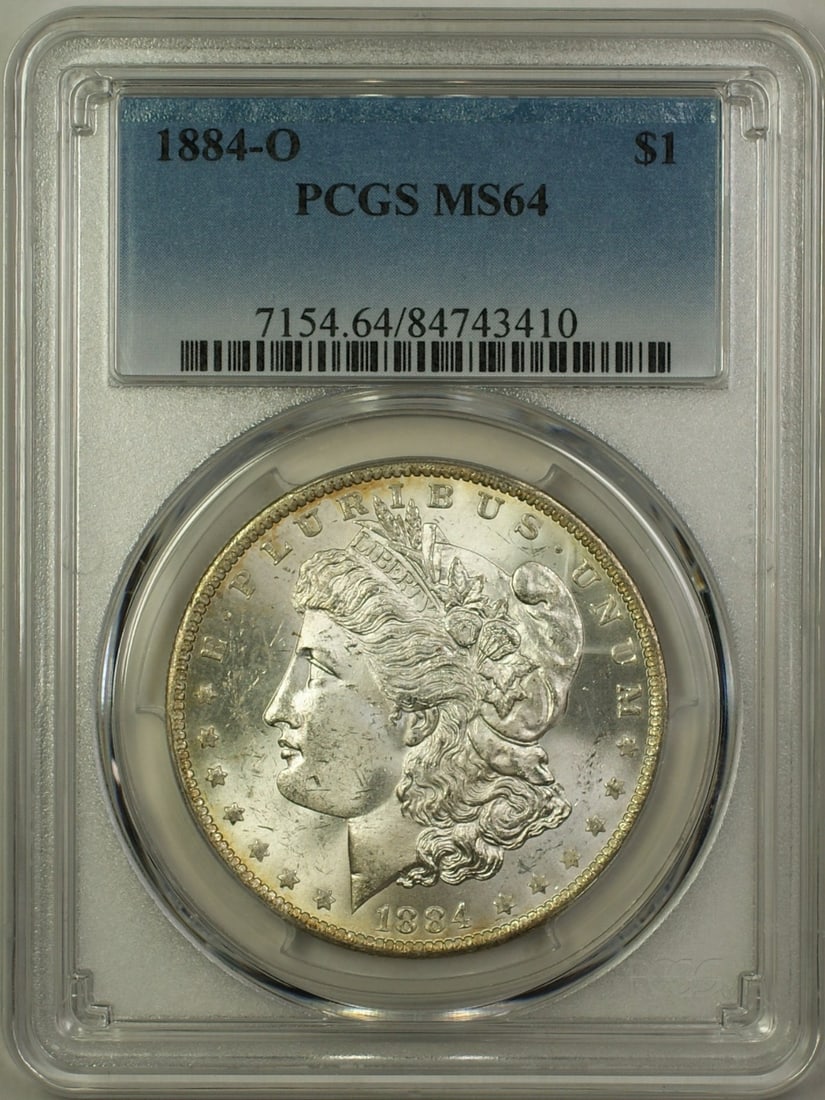 PCGS MS64 1884-O Morgan Dollar Silver $1 Coin New Orleans Mint: PCGS MS64 1884-O Morgan Dollar Silver $1 Coin New Orleans Mint This is an 1884-O Morgan Silver Dollar $1 coin minted in New Orleans. It is certified by PCGS with a grade of MS 64, indicating a very ch