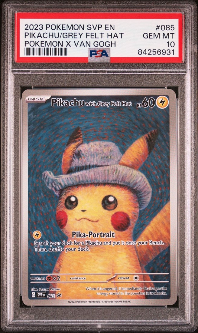 PSA 10 Pikachu Grey Felt Hat Van Gogh 2023 Pokemon Card SVP EN BSP 085: PSA 10 Pikachu Grey Felt Hat Van Gogh 2023 Pokemon Card SVP EN BSP 085 This is an original 2023 Pokemon SVP EN BSP #085 Pikachu/Grey Felt Hat X Van Gogh trading card, professionally graded and encapsu