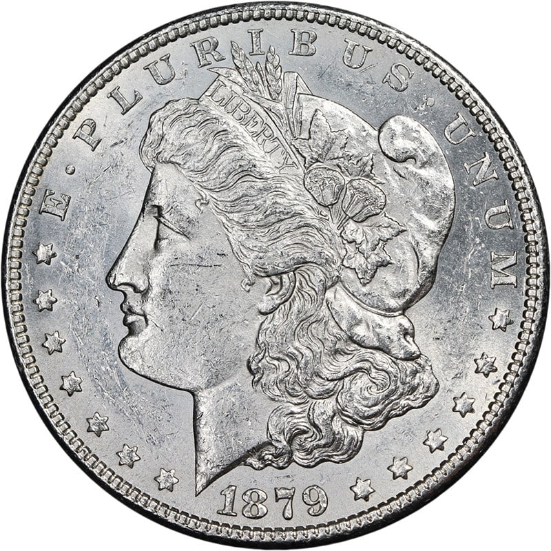 Uncirculated 1879-S Reverse 78 Morgan Silver Dollar with Strong Luster: Uncirculated 1879-S Reverse 78 Morgan Silver Dollar with Strong Luster This 1879-S Rev 78 Morgan Silver Dollar is an uncirculated coin featuring attractive luster, a bright white appearance, and well-