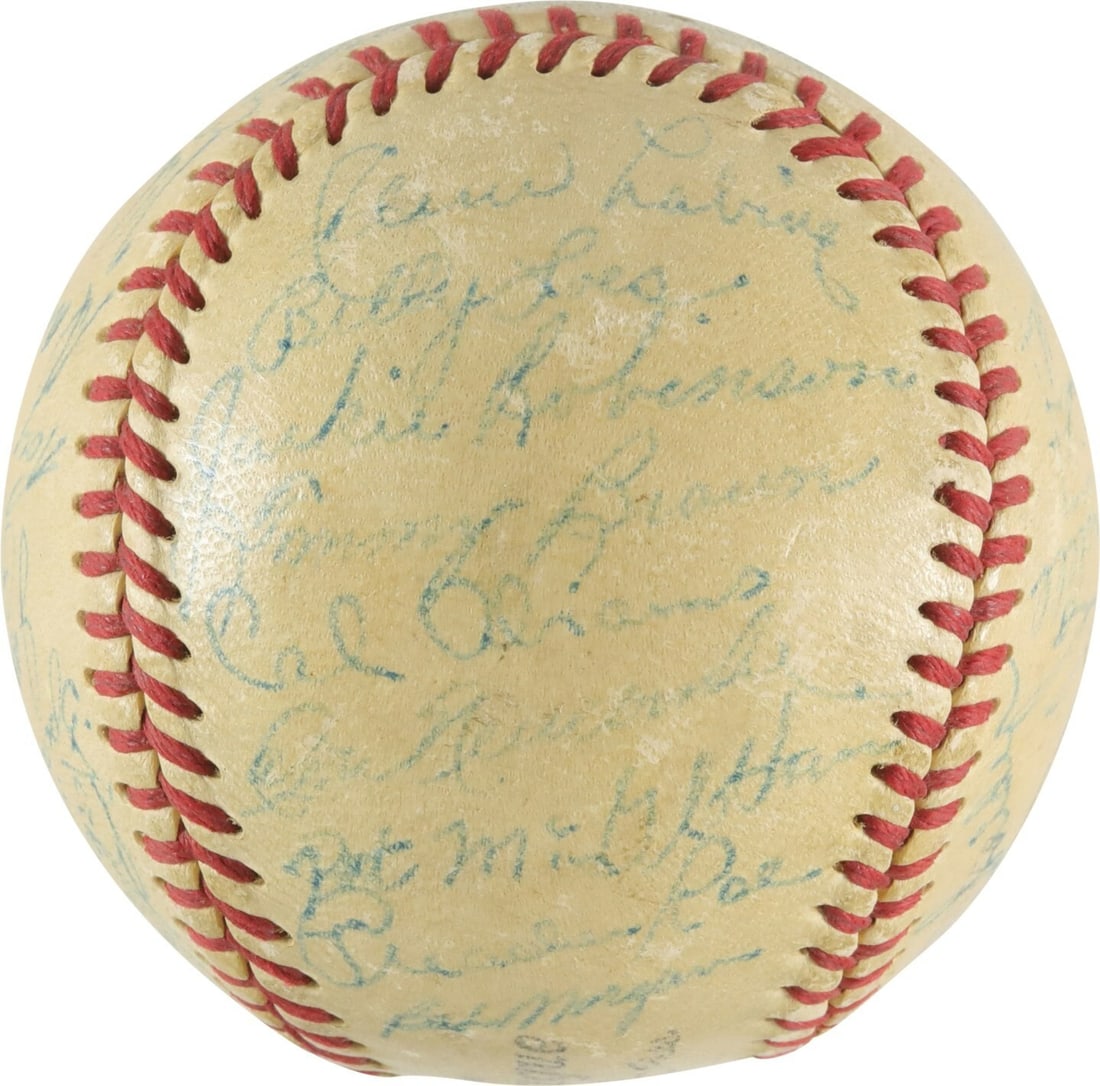 1950 Brooklyn Dodgers Team Signed Baseball with Jackie Robinson PSA LOA: 1950 Brooklyn Dodgers Team Signed Baseball with Jackie Robinson PSA LOA This authentic 1950 Brooklyn Dodgers team-signed baseball features a remarkable collection of 38 signatures, including legendary