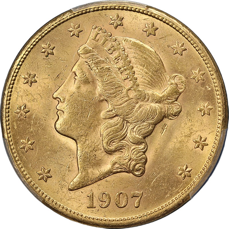 PCGS MS61 1907 San Francisco Liberty $20 Gold Coin: PCGS MS61 1907 San Francisco Liberty $20 Gold Coin This original 1907-S Liberty Gold $20 coin, minted in San Francisco, is graded PCGS MS61. The coin features excellent eye appeal with outstanding lus