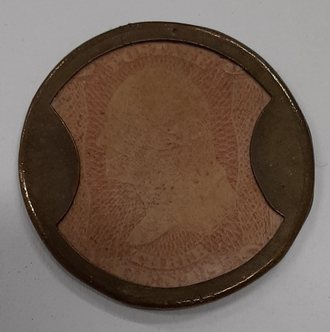 Ayers Sarsaparilla Token with 3c Washington Civil War Encased Stamp: Ayers Sarsaparilla Token with 3c Washington Civil War Encased Stamp This is a Civil War era encased postage stamp featuring a 3-cent Washington stamp set within an advertising token for Ayers Sarsapar