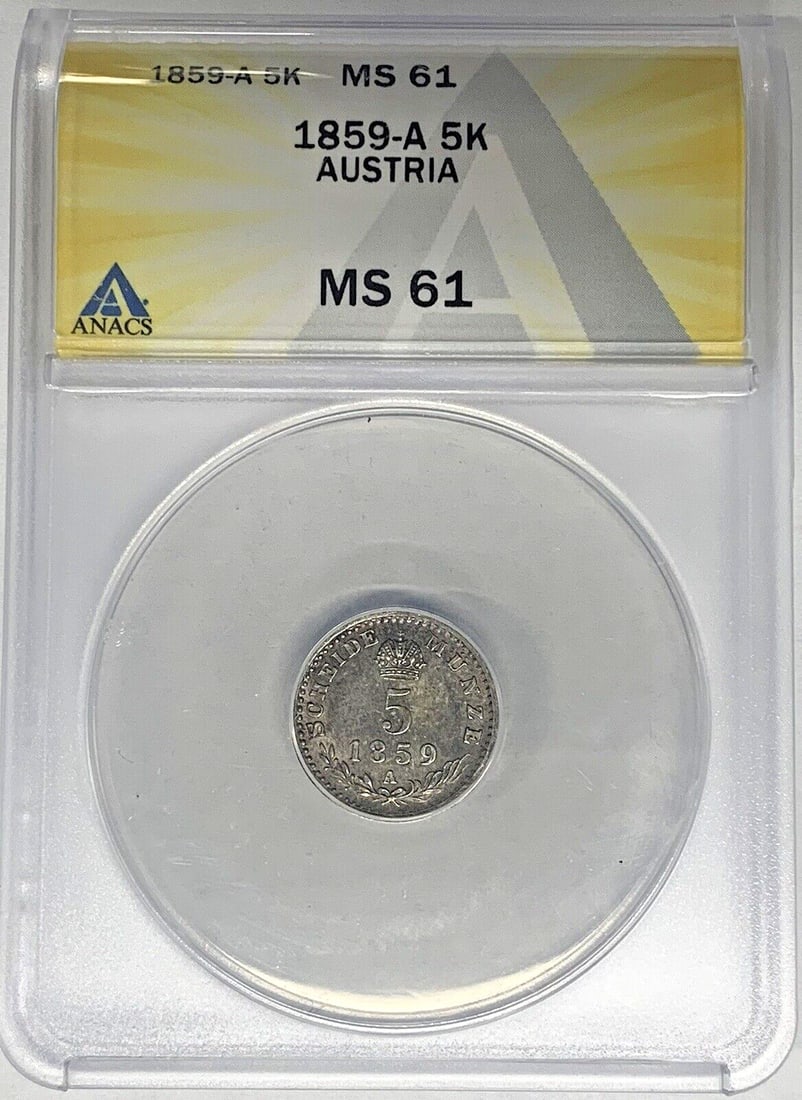 ANACS MS 61 Austria 1859-A 5 Kreutzer Certified Coin: ANACS MS 61 Austria 1859-A 5 Kreutzer Certified Coin This is an 1859-A Austria 5 Kreutzer coin graded MS 61 by ANACS. The coin is uncirculated and certified, making it a collectible item for numismati