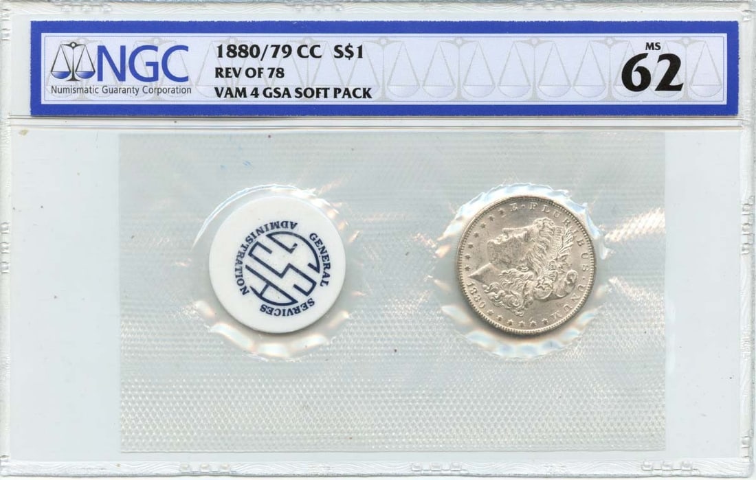 NGC MS62 Morgan Dollar 1880 79-CC Reverse of 78 VAM-4 GSA Soft Pack: NGC MS62 Morgan Dollar 1880 79-CC Reverse of 78 VAM-4 GSA Soft Pack This is an 1880/79-CC Morgan Dollar VAM-4 with the reverse of 1878, housed in a GSA soft pack and graded MS62 by NGC. The coin is un