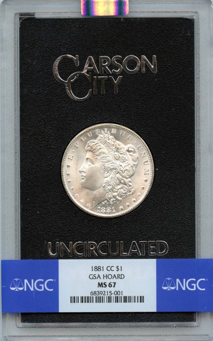 NGC MS67 1881 Carson City Morgan Silver Dollar GSA Hoard: NGC MS67 1881 Carson City Morgan Silver Dollar GSA Hoard This is an 1881 Carson City Morgan Dollar from the GSA Hoard, graded MS67 by NGC. The coin is uncirculated and originates from the United State