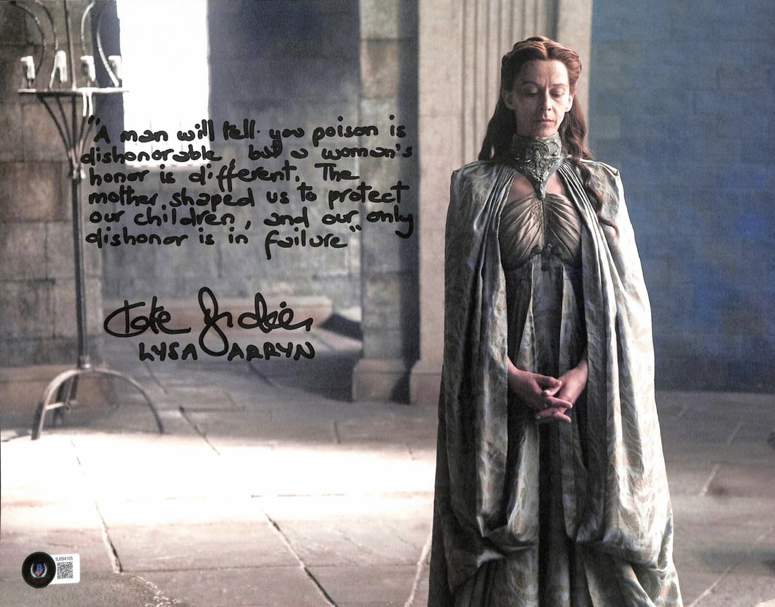 Game of Thrones Lysa Arryn 11x14 Photo Signed by Kate Dickie Beckett Authenticated: Game of Thrones Lysa Arryn 11x14 Photo Signed by Kate Dickie Beckett Authenticated This 11x14 photograph is signed by actress Kate Dickie, who portrayed Lysa Arryn in the TV series Game of Thrones. Th