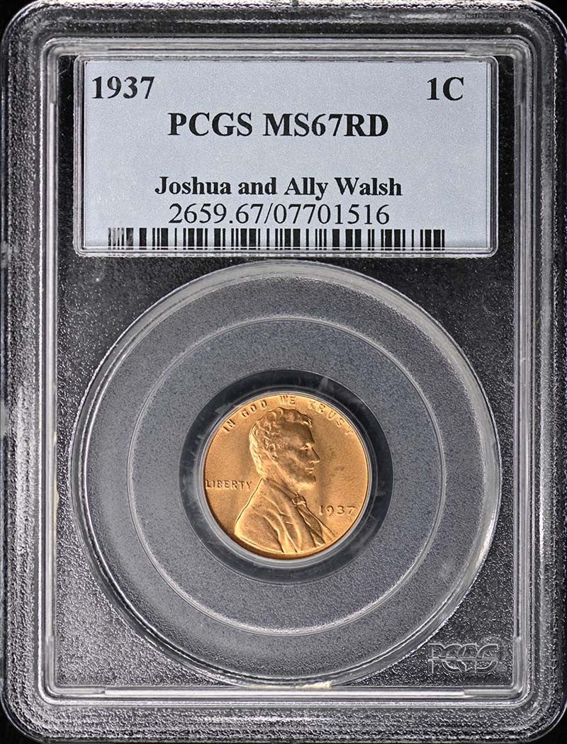 1937 Lincoln Wheat Cent PCGS MS67 Red Philadelphia Mint: 1937 Lincoln Wheat Cent PCGS MS67 Red Philadelphia Mint This 1937 Lincoln Cent features the Type 1 Wheat Reverse and is certified by PCGS with a grade of MS67RD. The coin is uncirculated and originate