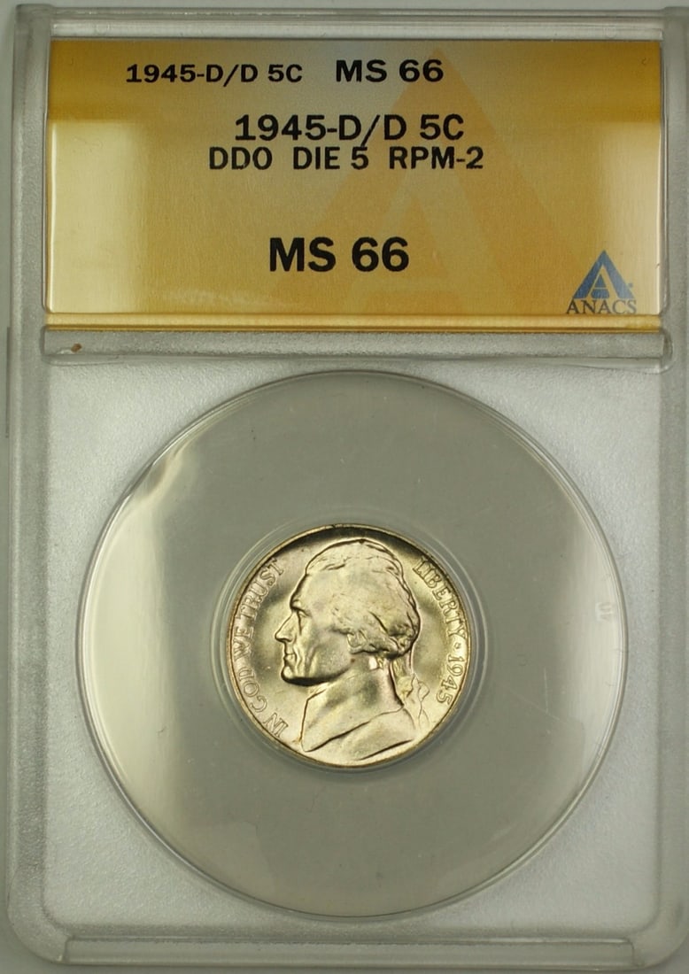 ANACS MS-66 1945-D/D RPM-2 DDO Wartime Silver Jefferson Nickel 5C from Denver: ANACS MS-66 1945-D/D RPM-2 DDO Wartime Silver Jefferson Nickel 5C from Denver This is a 1945-D/D RPM-2 DDO DIE 5 Wartime Silver Jefferson Nickel with a denomination of 5 cents, minted in Denver. The c