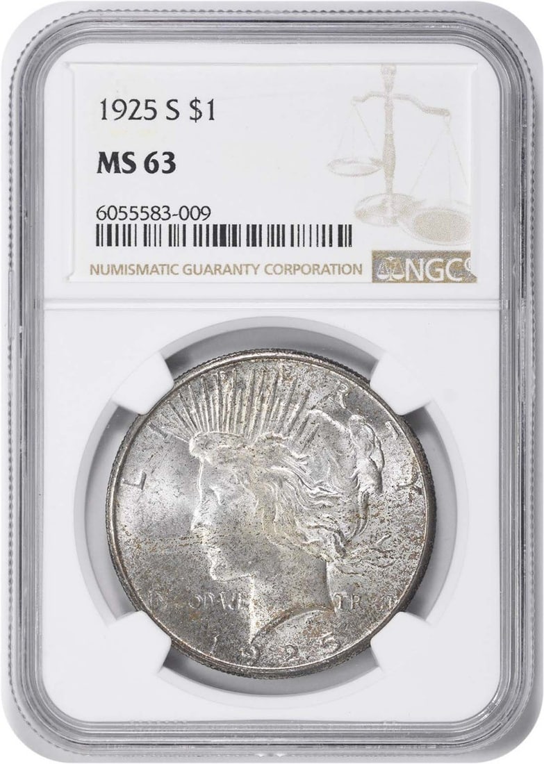 Peace Dollar 1925 San Francisco MS63 NGC Certified Silver Coin: Peace Dollar 1925 San Francisco MS63 NGC Certified Silver Coin This 1925-S Peace Silver Dollar is graded MS63 by NGC and features the iconic design by Anthony de Francisci. Minted in San Francisco, th