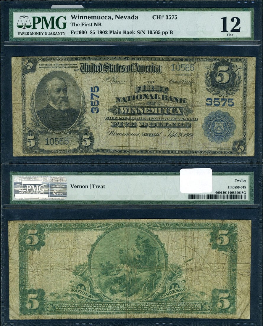 1902 PB $5 National Bank Note Winnemucca NV PMG Fine12 #3575: 1902 PB $5 National Bank Note Winnemucca NV PMG Fine12 #3575 This 1902 $5 National Bank Note from Winnemucca, Nevada is a remarkable piece of financial history. It features a denomination of $5 and is