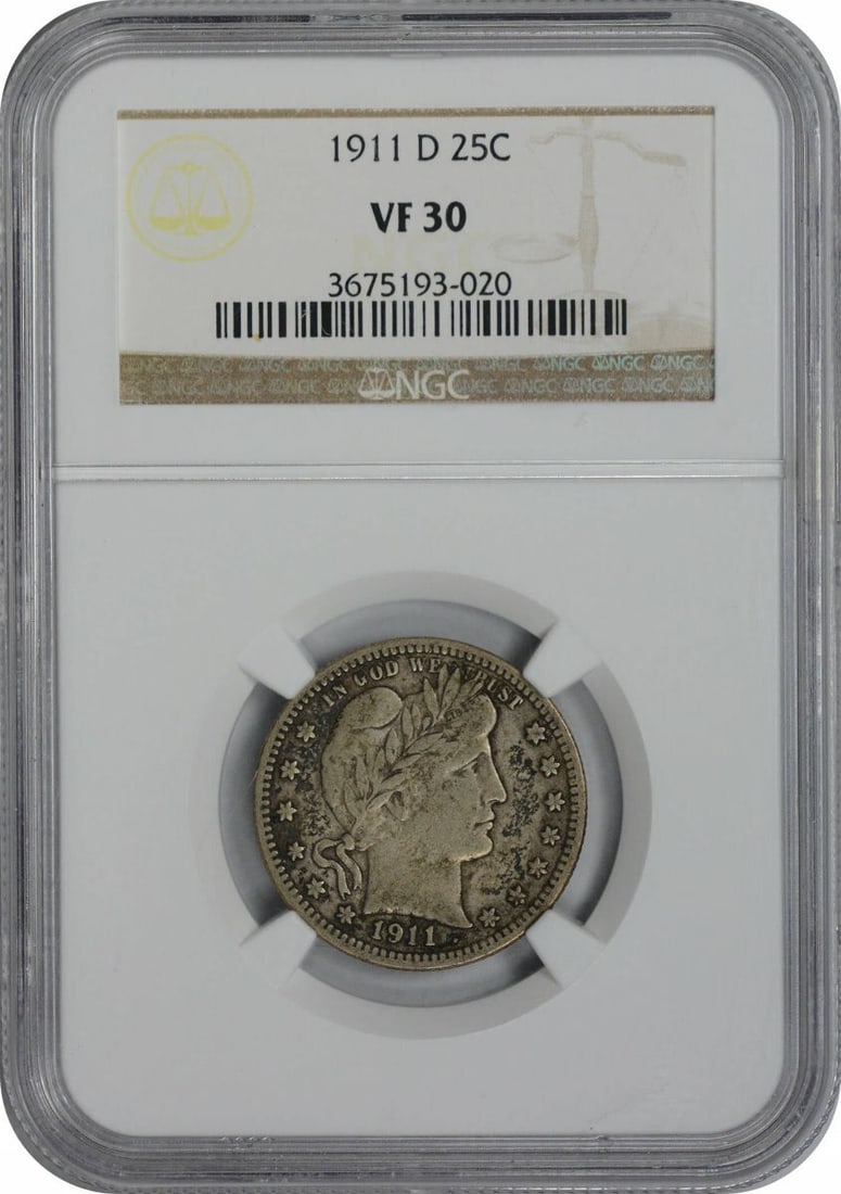 1911-D Barber Quarter VF30 NGC 90% Silver Denver Mint: 1911-D Barber Quarter VF30 NGC 90% Silver Denver Mint This 1911-D Barber Silver Quarter, graded VF30 by NGC, is a remarkable piece of numismatic history. Minted in Denver, this quarter features the ic