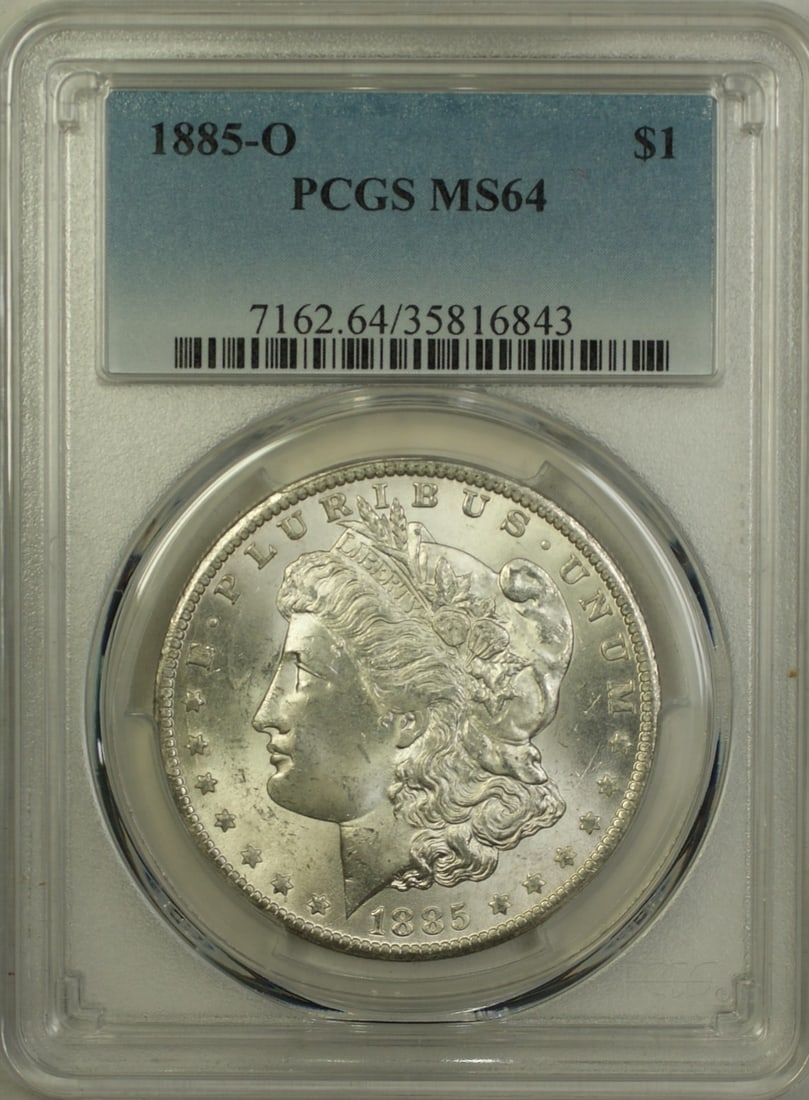 PCGS MS-64 1885-O Morgan Dollar Silver Coin from New Orleans Mint: PCGS MS-64 1885-O Morgan Dollar Silver Coin from New Orleans Mint This is an 1885-O Morgan Silver Dollar graded MS-64 by PCGS. The coin was minted in New Orleans and is composed of silver. It is uncir