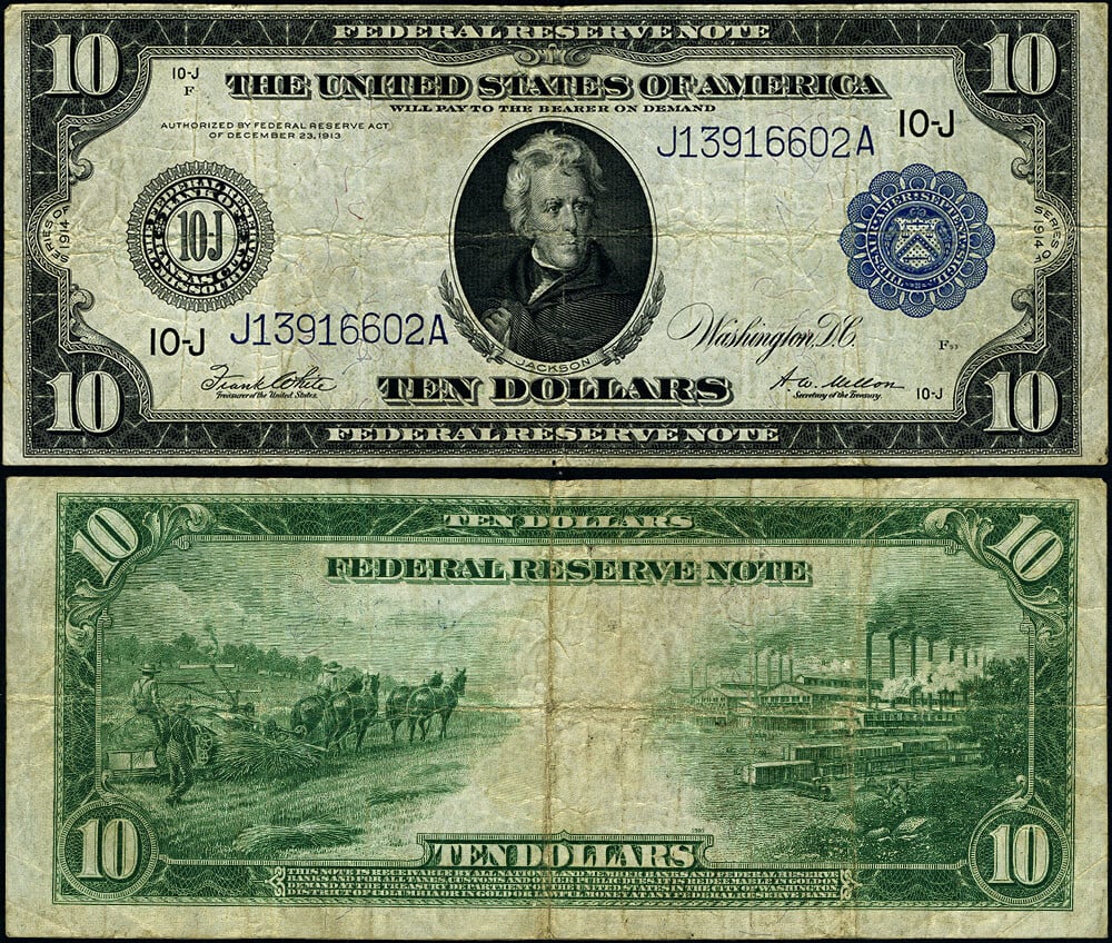 1914 $10 Federal Reserve Note Kansas City Circulated VF: 1914 $10 Federal Reserve Note Kansas City Circulated VF This is a circulated $10 1914 Federal Reserve Note from Kansas City, graded as Very Fine (VF). The note features original paper quality with vib