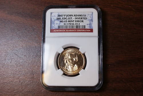 NGC MS-65 2007-P John Adams $1 Inverted Double Edge Lettering Error Coin: NGC MS-65 2007-P John Adams $1 Inverted Double Edge Lettering Error Coin This is a 2007-P John Adams Presidential $1 coin featuring a mint error with double edge lettering that is inverted. Graded MS-