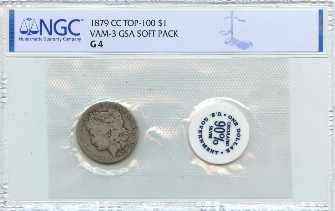 NGC G4 1879-CC Morgan Dollar VAM-3 GSA Soft Pack Carson City Silver Coin: NGC G4 1879-CC Morgan Dollar VAM-3 GSA Soft Pack Carson City Silver Coin This is an 1879-CC Morgan Dollar VAM-3, identified as a TOP-100 variety, housed in a GSA soft pack and certified by NGC with a
