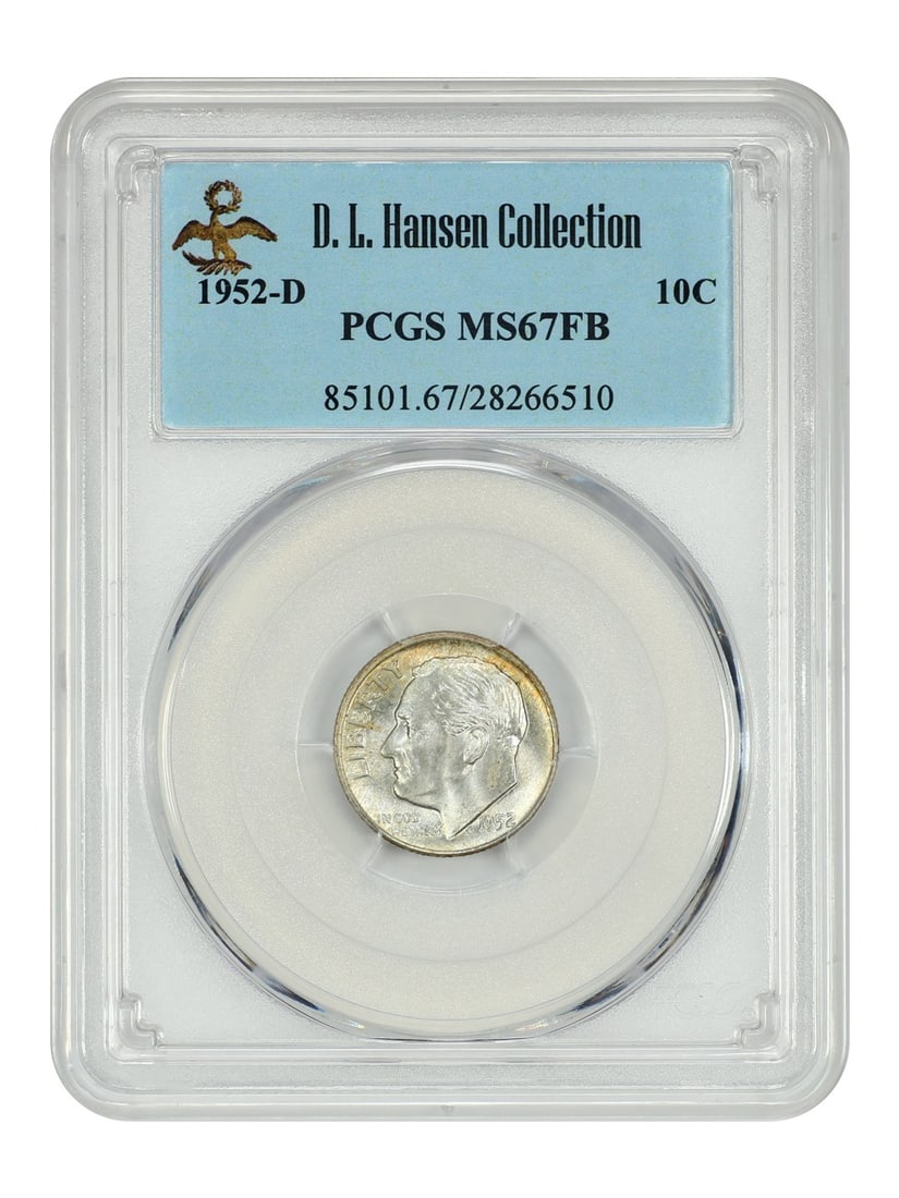 PCGS MS67FB 1952-D Roosevelt Dime From D L Hansen Collection: PCGS MS67FB 1952-D Roosevelt Dime From D L Hansen Collection This 1952-D Roosevelt Dime is certified by PCGS with a grade of MS67FB. The coin is uncirculated and features the Full Bands (FB) designati