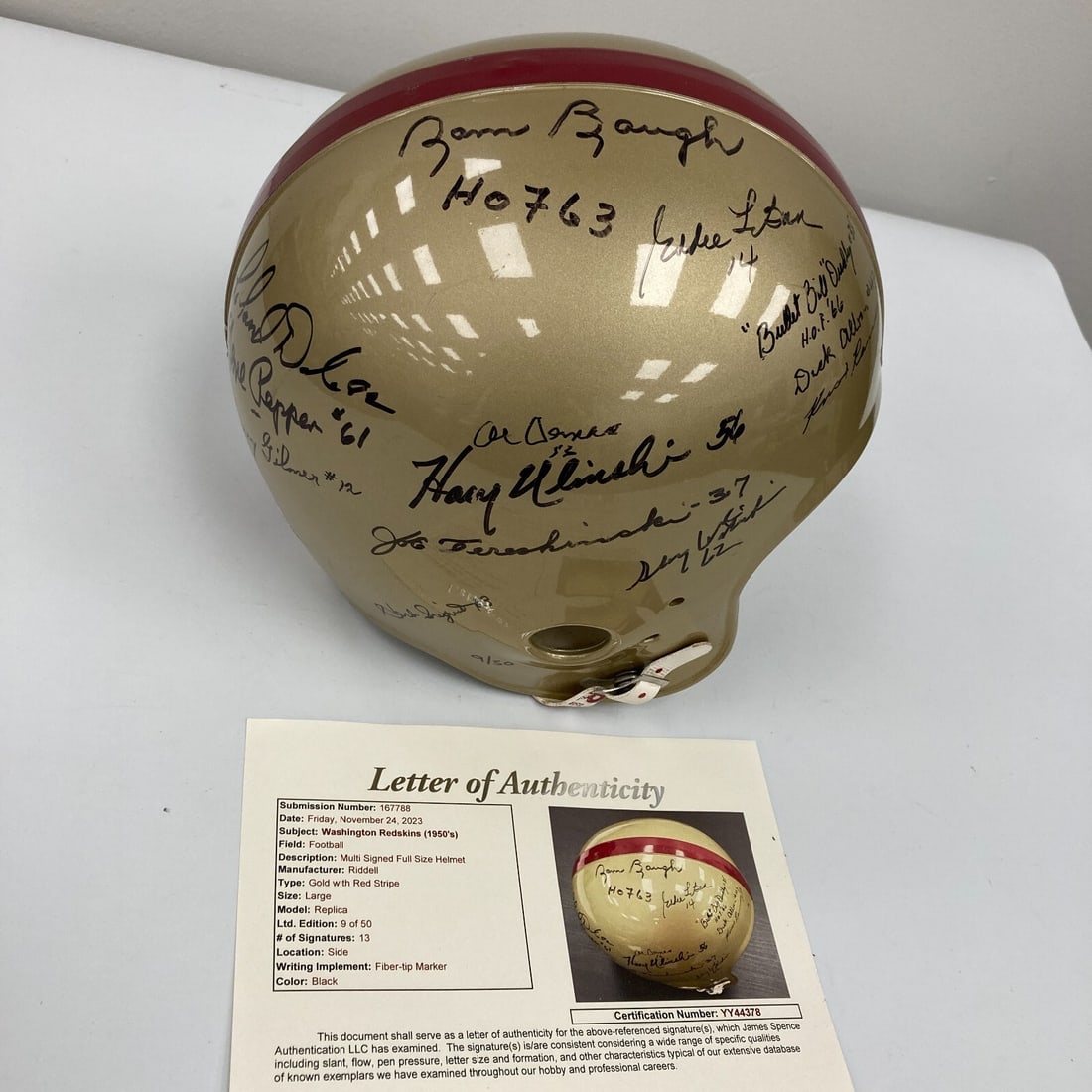 1952 Washington Redskins Multi-Signed Helmet Sammy Baugh JSA Authenticated: 1952 Washington Redskins Multi-Signed Helmet Sammy Baugh JSA Authenticated This 1952 Washington Redskins team signed full-size helmet is a remarkable piece of football memorabilia. It features the sig
