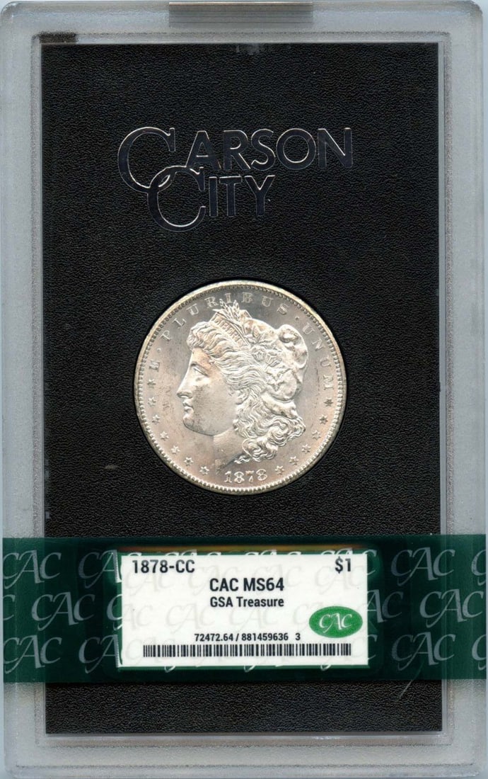 GSA Hoard 1878-CC Morgan Silver Dollar CACG MS64 CAC Certified: GSA Hoard 1878-CC Morgan Silver Dollar CACG MS64 CAC Certified This 1878-CC Morgan Dollar is part of the GSA Hoard and has been certified by CACG with a grade of MS64. The coin is uncirculated and ori