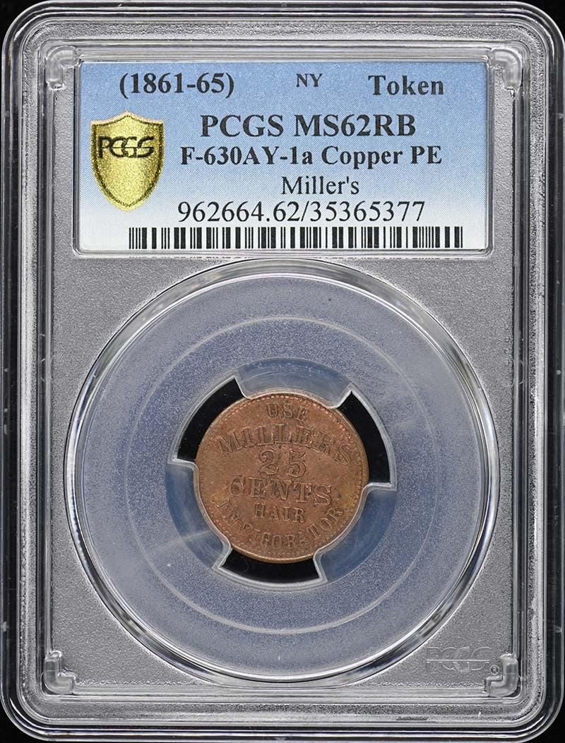 Copper NY Token 1861 PCGS MS62BN F-630AY-la Certified: Copper NY Token 1861 PCGS MS62BN F-630AY-la Certified This is an 1861-65 New York token, cataloged as F-630AY-la, struck in copper. The token has been certified by PCGS with a grade of MS62BN, indicat