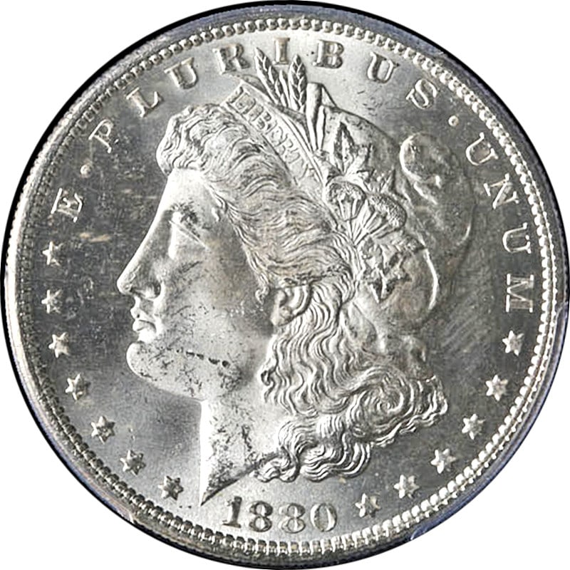 PCGS MS64 Graded 1880-S Morgan Dollar Uncirculated Blast White: PCGS MS64 Graded 1880-S Morgan Dollar Uncirculated Blast White This 1880-S Morgan Silver Dollar is certified by PCGS with a grade of MS64, indicating a high-quality uncirculated coin. It features a bl