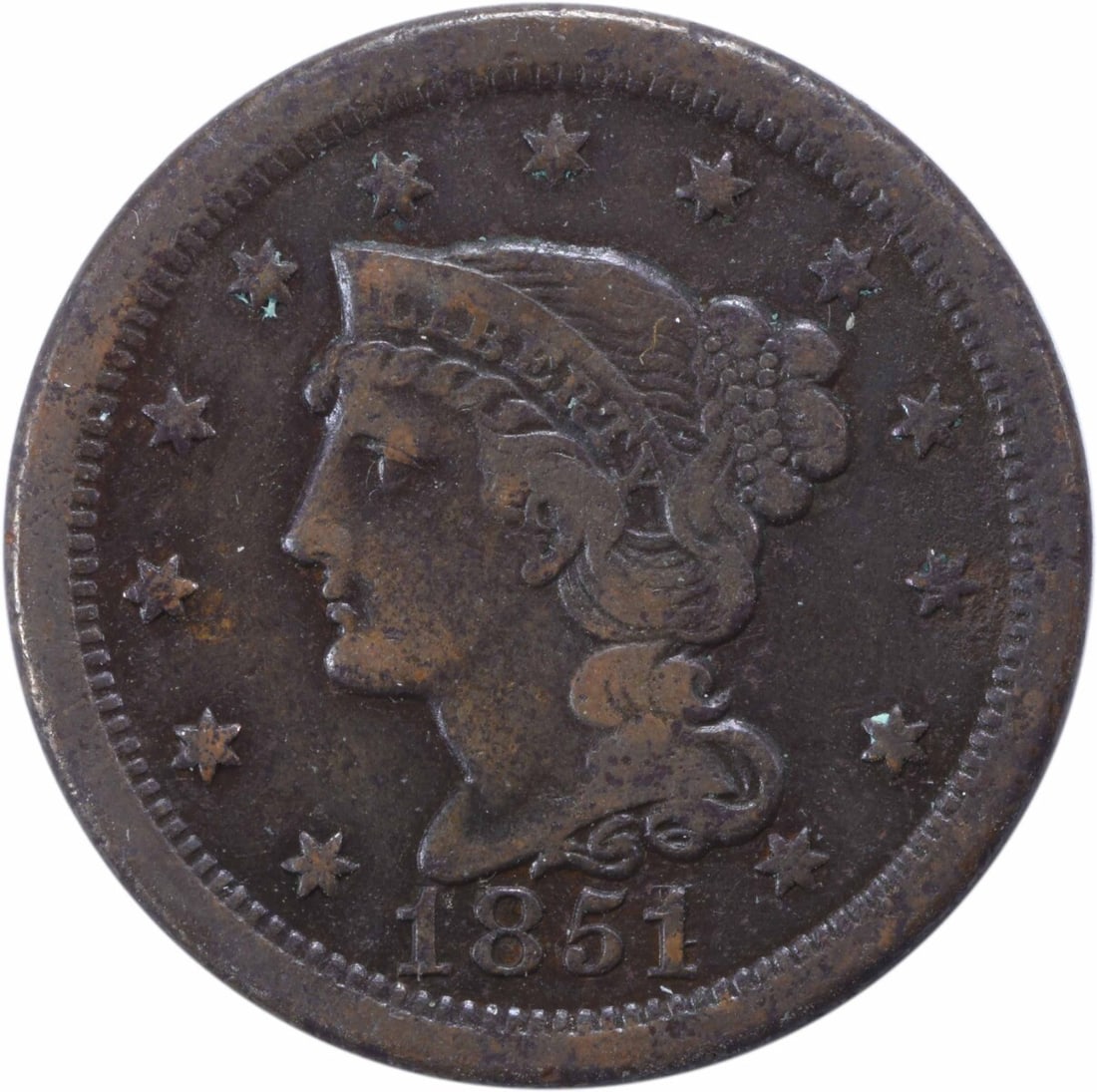 1851 Large Cent VF Braided Hair Coin Uncertified Philadelphia Mint: 1851 Large Cent VF Braided Hair Coin Uncertified Philadelphia Mint This 1851 Large Cent showcases the classic Braided Hair design by Christian Gobrecht. It is in Very Fine (VF) condition, indicating m