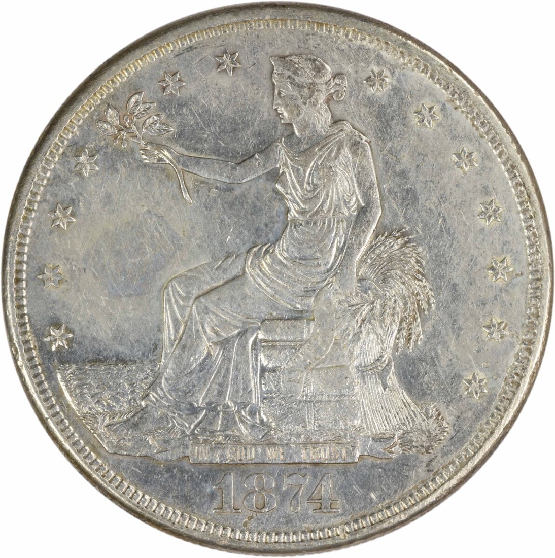 1874-S Trade Silver Dollar AU Uncertified by William Barber: 1874-S Trade Silver Dollar AU Uncertified by William Barber This 1874-S Trade Silver Dollar features a stunning design by William Barber, showcasing the intricate details of this historical coin. It i