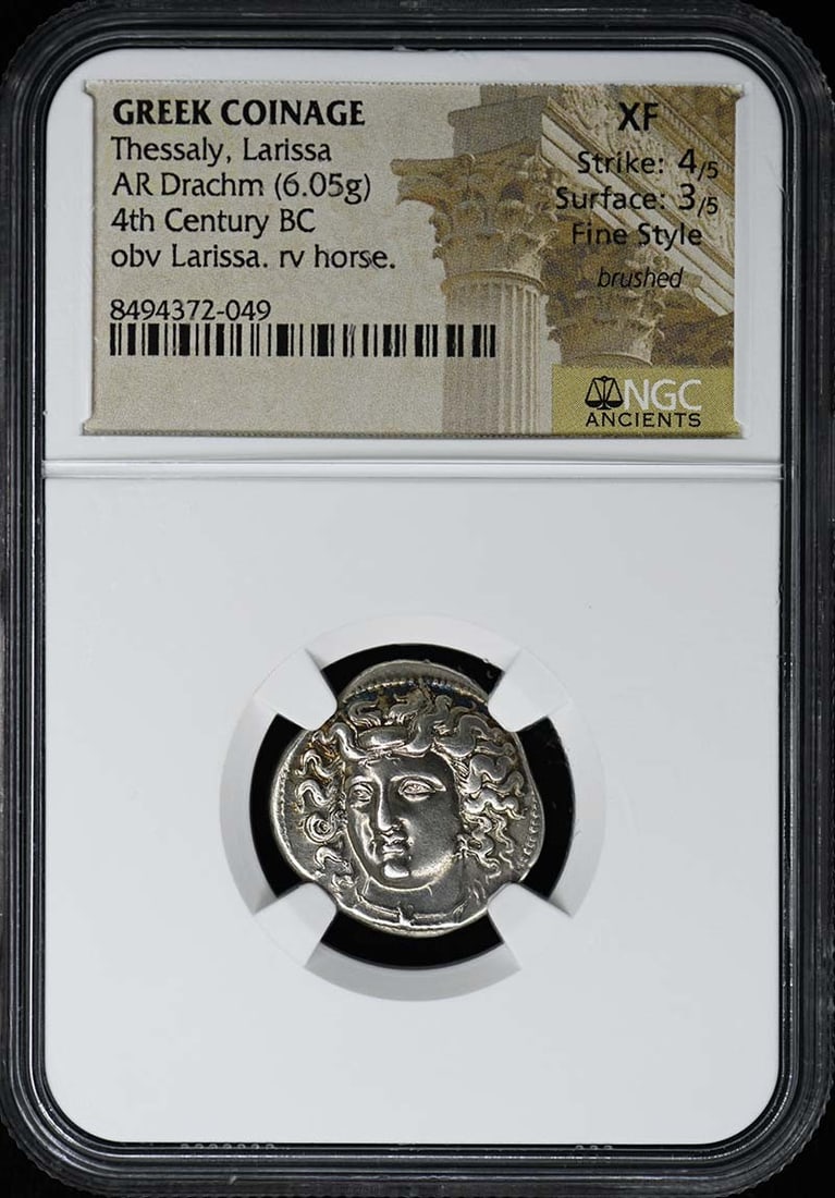 NGC XF Thessaly Larissa Silver Drachm Ancient Greek Coin 6.05g: NGC XF Thessaly Larissa Silver Drachm Ancient Greek Coin 6.05g This Greek AR Drachm coin from Thessaly, Larissa is certified by NGC and graded XF. The coin has a weight of 6.05 grams and is an example