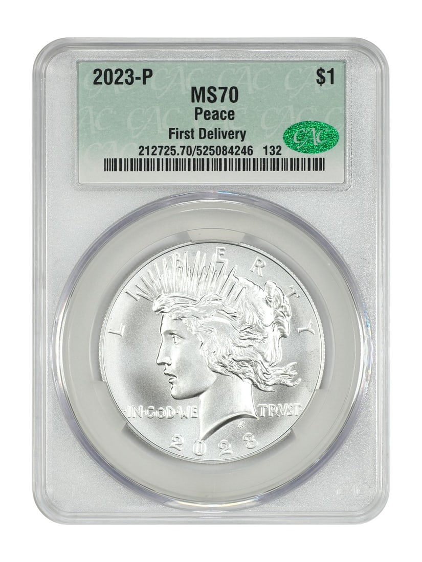 2023 Philadelphia Peace Dollar CACG MS70 Silver First Delivery: 2023 Philadelphia Peace Dollar CACG MS70 Silver First Delivery This 2023-P Peace Dollar is a commemorative $1 coin from the Philadelphia Mint. Certified by CACG with a grade of MS70 and designated as