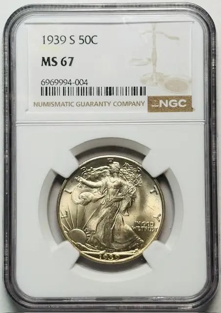 NGC MS67 1939 San Francisco Walking Liberty Half Dollar Silver Coin: NGC MS67 1939 San Francisco Walking Liberty Half Dollar Silver Coin This 1939 S Walking Liberty Half Dollar is certified by NGC with a grade of MS 67, confirming its uncirculated condition. Struck at