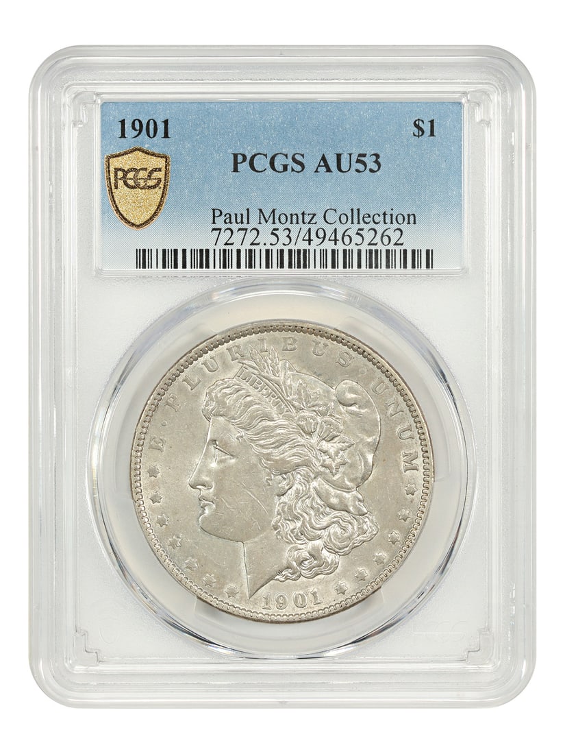 1901 Morgan Silver Dollar PCGS AU53 Philadelphia ex Paul Montz: 1901 Morgan Silver Dollar PCGS AU53 Philadelphia ex Paul Montz This is a 1901 Morgan Dollar, certified by PCGS with a grade of AU53. The coin is circulated and originates from the Philadelphia Mint. I