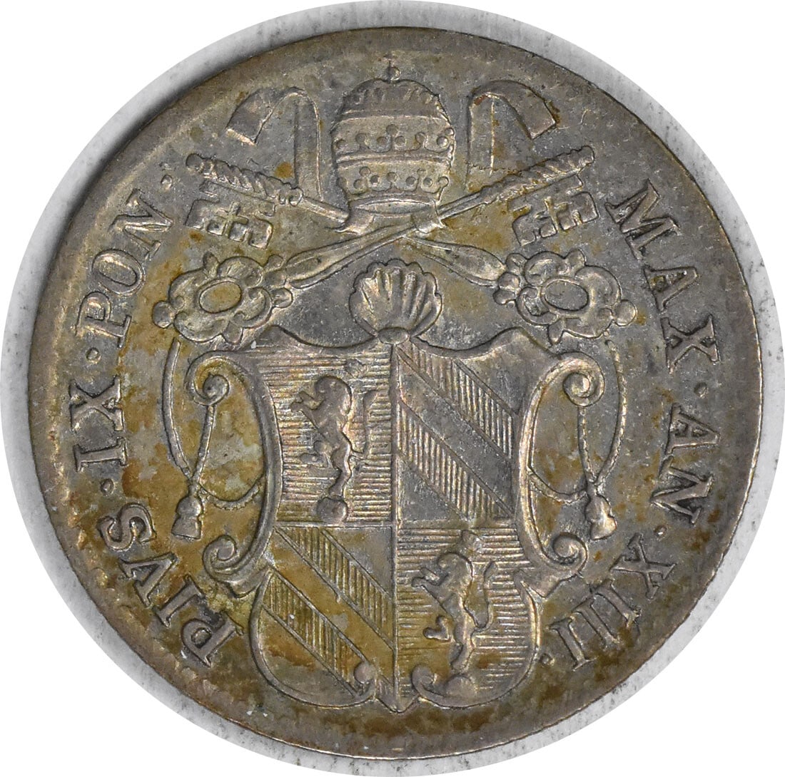 1858 R Papal States 5 Baiocchi KM1341B Uncertified Coin UNC: 1858 R Papal States 5 Baiocchi KM1341B Uncertified Coin UNC This 1858 R Italian States - Papal States 5 Baiocchi (KM1341B) is an uncirculated coin, showcasing exquisite details and historical signific